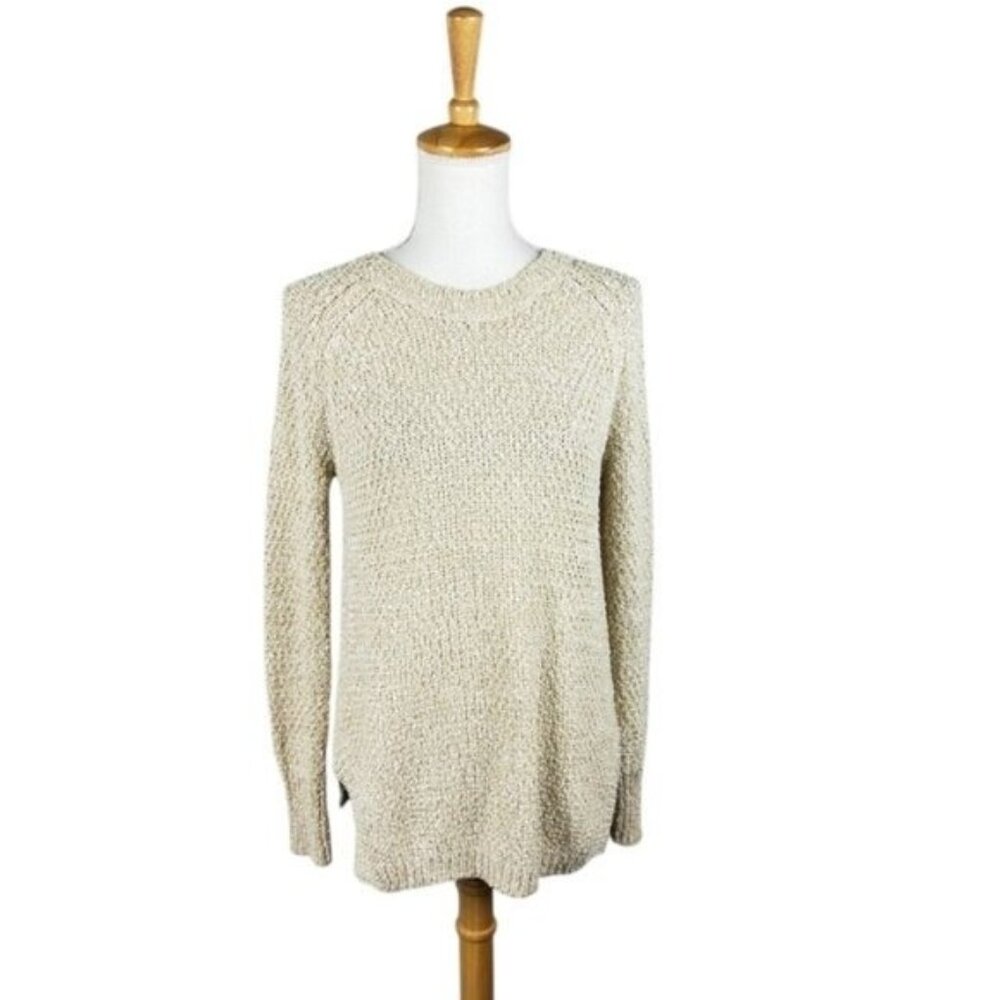 Mak B Cream And Gold Metalkic Textured Crew Neck Sweater Size Small